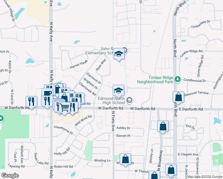 map of restaurants, bars, coffee shops, grocery stores, and more near 313 West Clermont Drive in Edmond