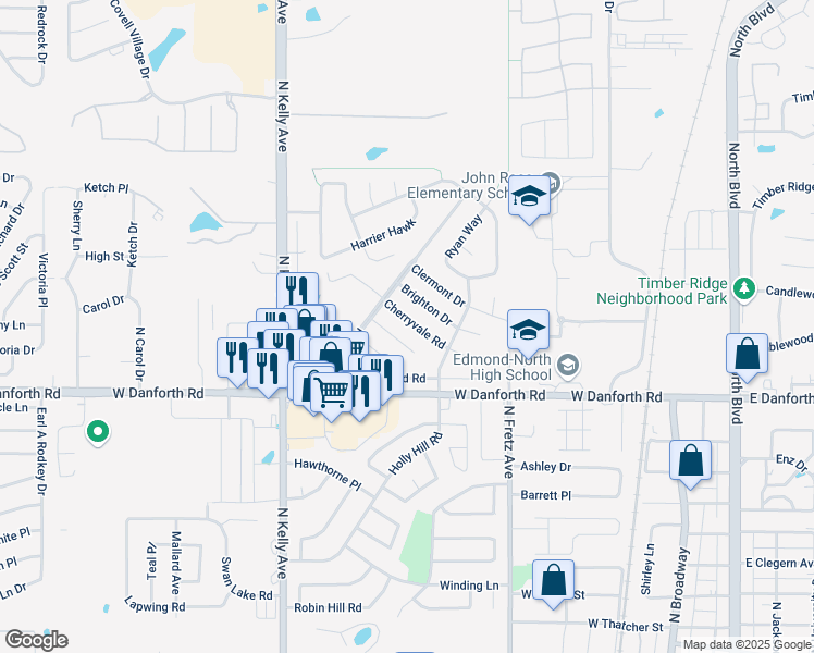 map of restaurants, bars, coffee shops, grocery stores, and more near 500 Cherryvale Road in Edmond