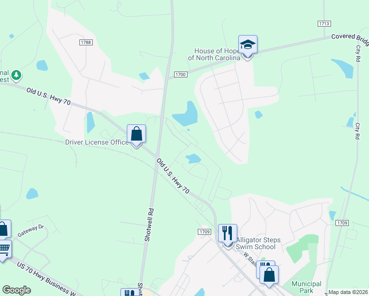 map of restaurants, bars, coffee shops, grocery stores, and more near 38 Wildflower Circle in Clayton