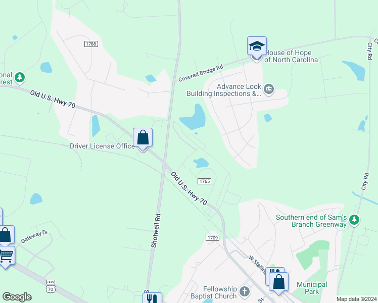 map of restaurants, bars, coffee shops, grocery stores, and more near 52 Wildflower Circle in Clayton