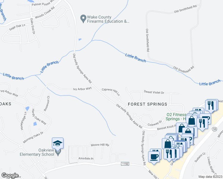 map of restaurants, bars, coffee shops, grocery stores, and more near Cypress Hill Lane in Holly Springs