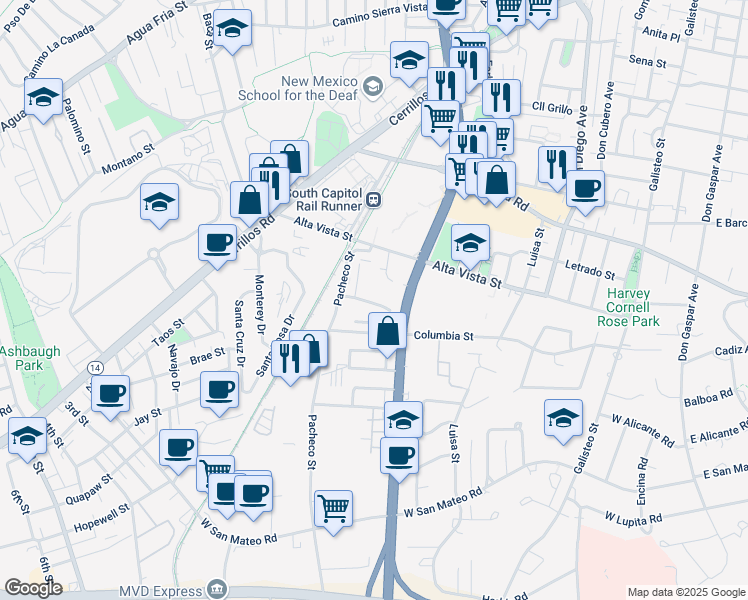 map of restaurants, bars, coffee shops, grocery stores, and more near 1220 South Saint Francis Drive in Santa Fe
