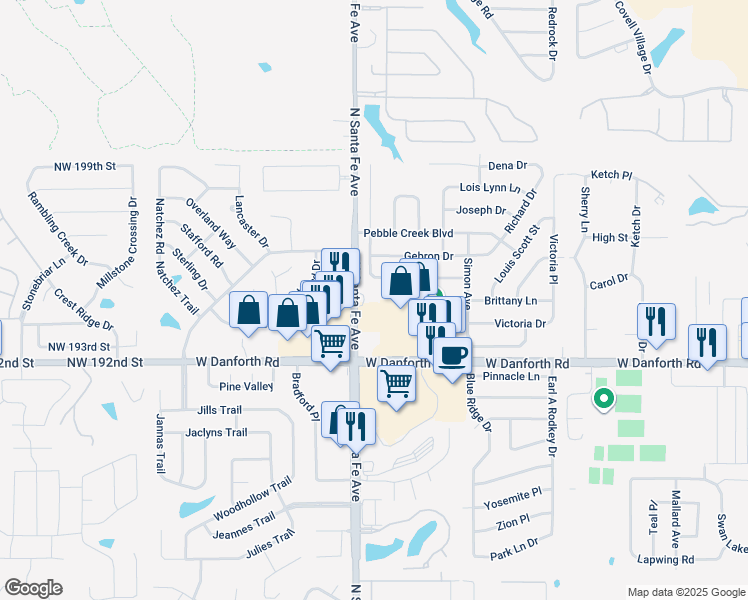 map of restaurants, bars, coffee shops, grocery stores, and more near 1500 North Santa Fe Avenue in Edmond