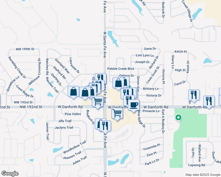 map of restaurants, bars, coffee shops, grocery stores, and more near 1500 North Santa Fe Avenue in Edmond