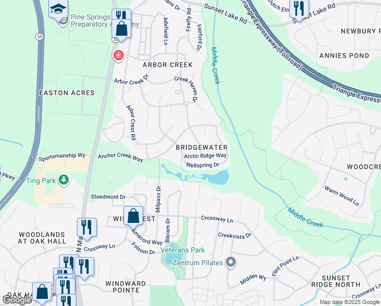 map of restaurants, bars, coffee shops, grocery stores, and more near 113 Arctic Ridge Way in Holly Springs