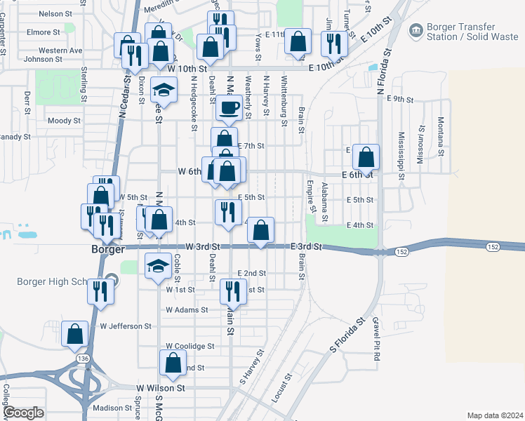 map of restaurants, bars, coffee shops, grocery stores, and more near 415 North Harvey Street in Borger