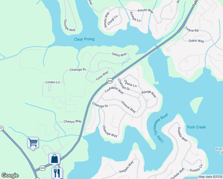 map of restaurants, bars, coffee shops, grocery stores, and more near 129 Tsuhdatsi Way in Loudon