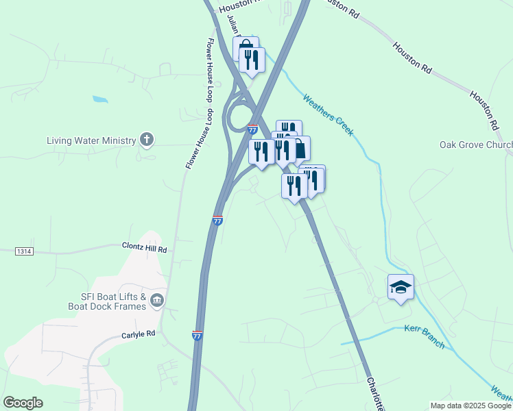 map of restaurants, bars, coffee shops, grocery stores, and more near 110 Lexus Drive in Troutman