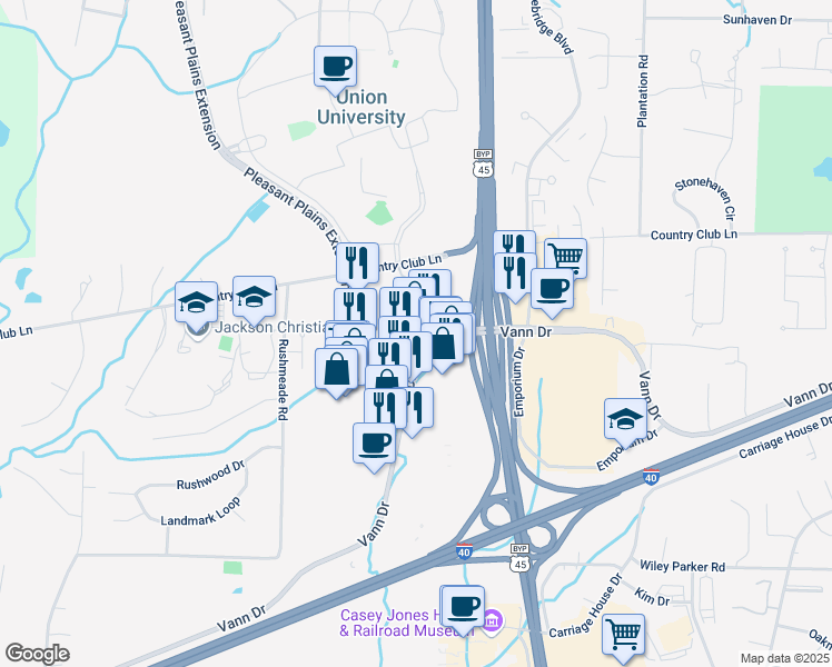 map of restaurants, bars, coffee shops, grocery stores, and more near 1017 Vann Drive in Jackson