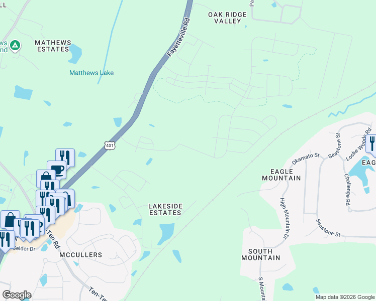 map of restaurants, bars, coffee shops, grocery stores, and more near 7509 Fayetteville Road in Raleigh
