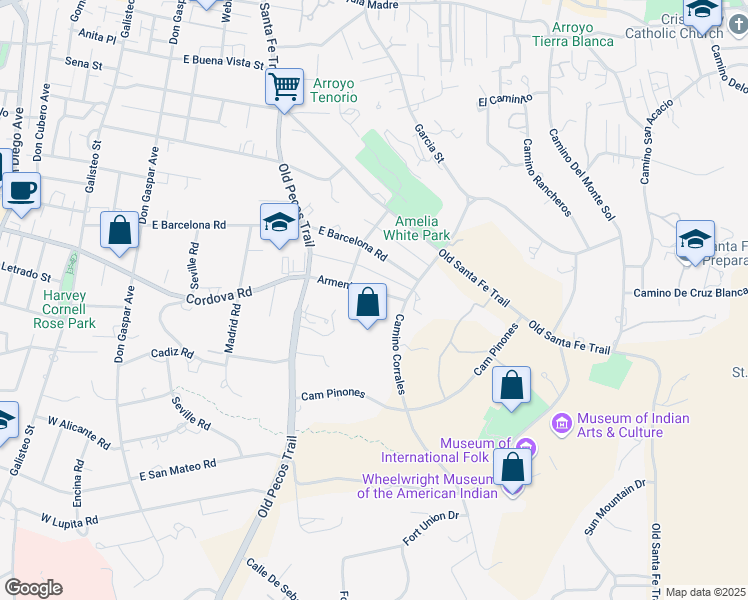 map of restaurants, bars, coffee shops, grocery stores, and more near 662 Armenta Street in Santa Fe