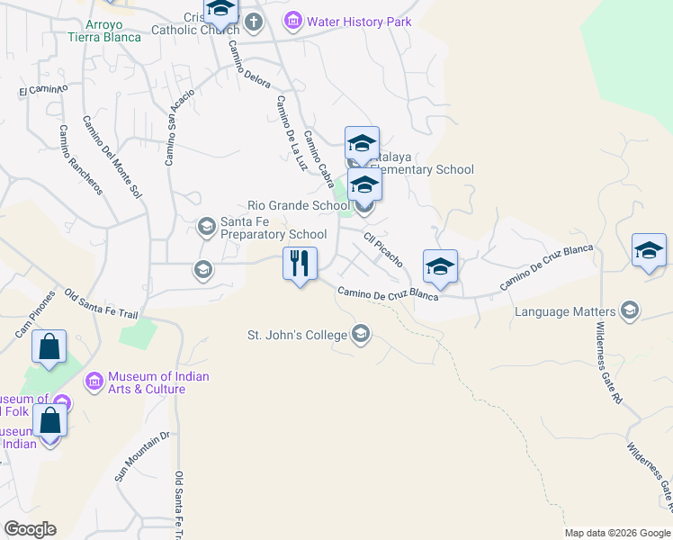 map of restaurants, bars, coffee shops, grocery stores, and more near 1212 La Rambla in Santa Fe