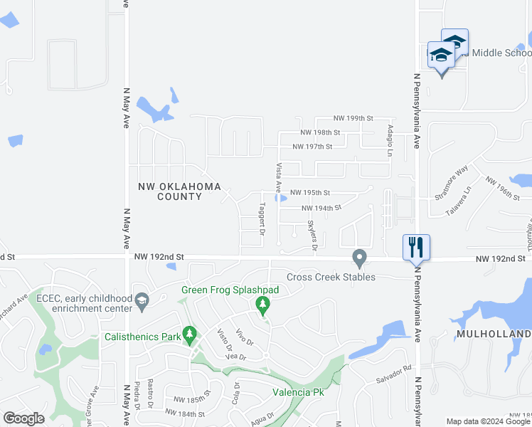 map of restaurants, bars, coffee shops, grocery stores, and more near 19500 Taggert Drive in Edmond