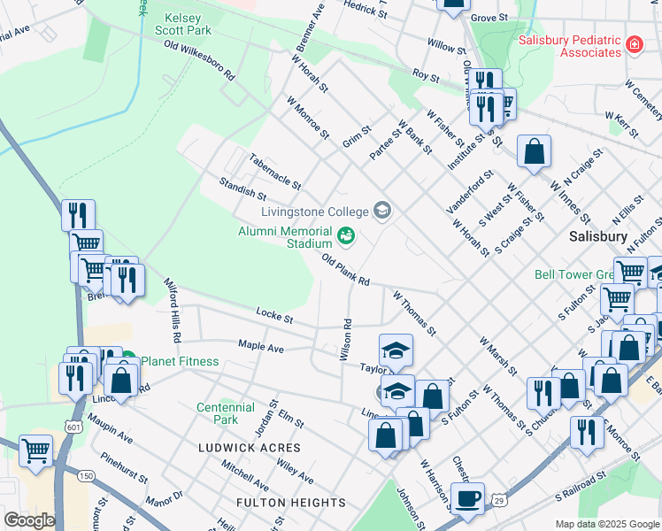 map of restaurants, bars, coffee shops, grocery stores, and more near 1029 Old Plank Road in Salisbury