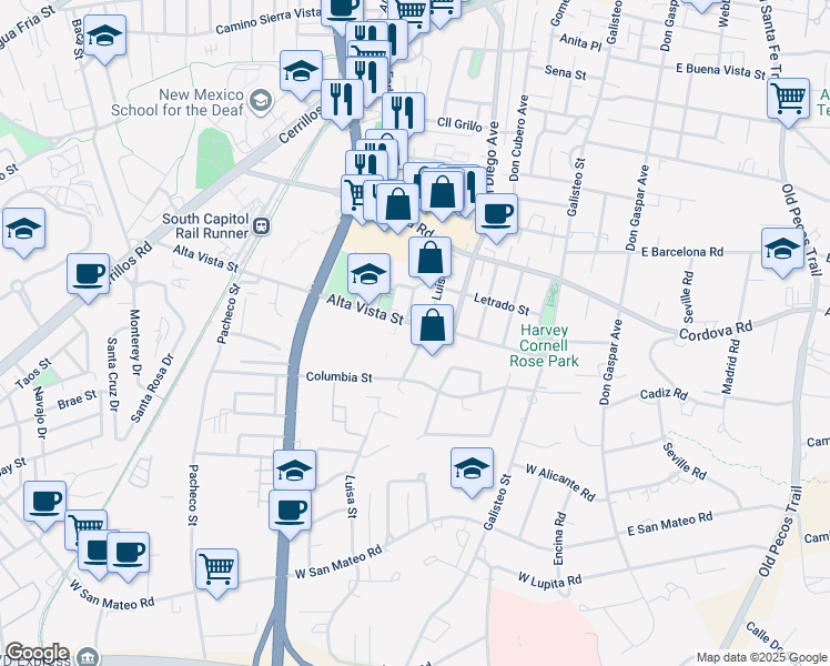 map of restaurants, bars, coffee shops, grocery stores, and more near 600 Alta Vista Street in Santa Fe