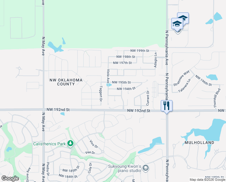 map of restaurants, bars, coffee shops, grocery stores, and more near 2416 Northwest 194th Street in Edmond