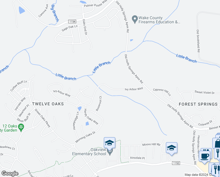 map of restaurants, bars, coffee shops, grocery stores, and more near 325 Ivy Arbor Way in Holly Springs