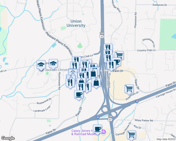 map of restaurants, bars, coffee shops, grocery stores, and more near 1017 Vann Drive in Jackson