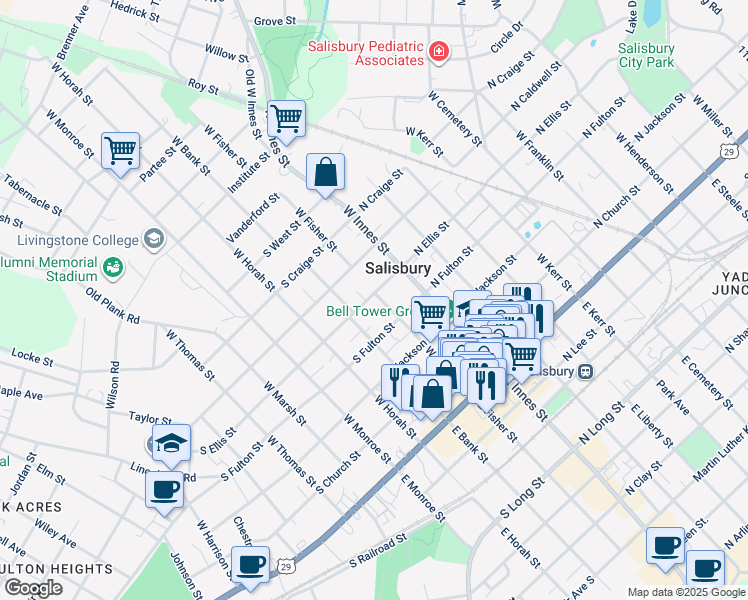 map of restaurants, bars, coffee shops, grocery stores, and more near 201 South Ellis Street in Salisbury