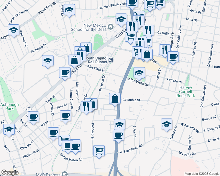 map of restaurants, bars, coffee shops, grocery stores, and more near 1347 Pacheco Court in Santa Fe