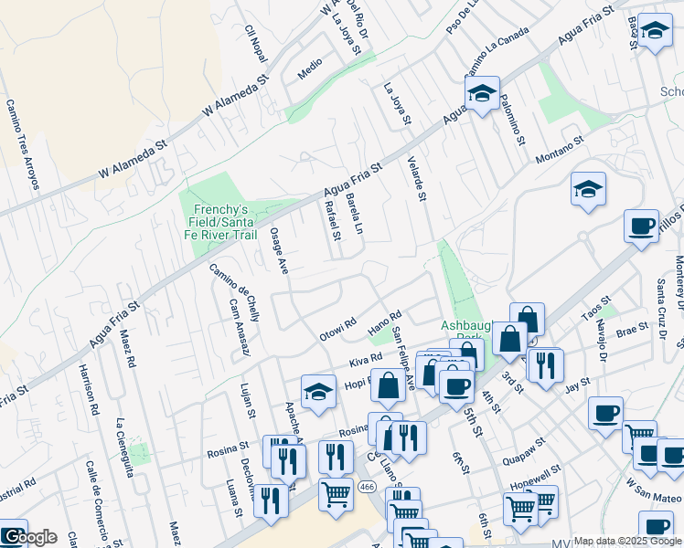 map of restaurants, bars, coffee shops, grocery stores, and more near 1919 San Ildefonso Road in Santa Fe