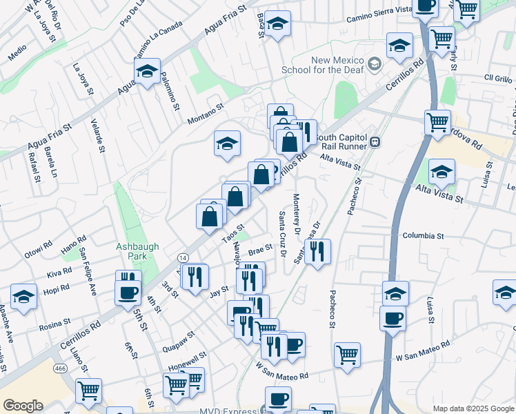 map of restaurants, bars, coffee shops, grocery stores, and more near 115 Taos Street in Santa Fe