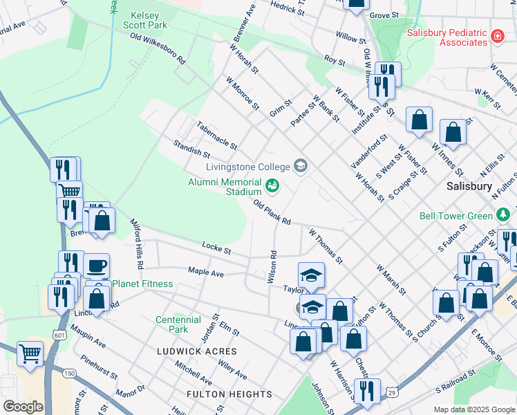 map of restaurants, bars, coffee shops, grocery stores, and more near 1029 Old Plank Road in Salisbury