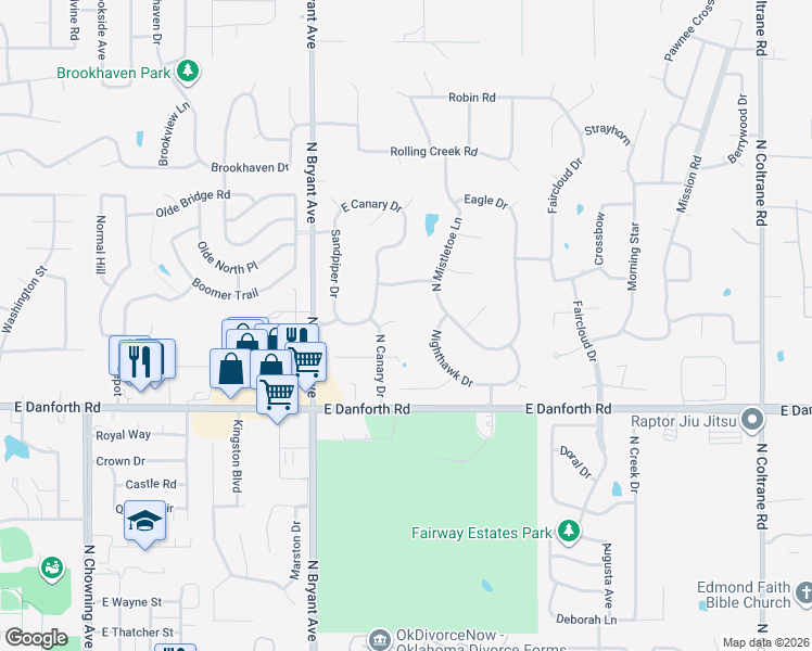 map of restaurants, bars, coffee shops, grocery stores, and more near 1708 Canary Court in Edmond