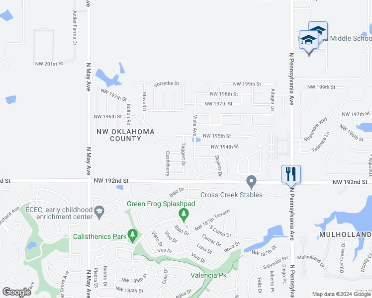 map of restaurants, bars, coffee shops, grocery stores, and more near 19504 Taggert Drive in Edmond