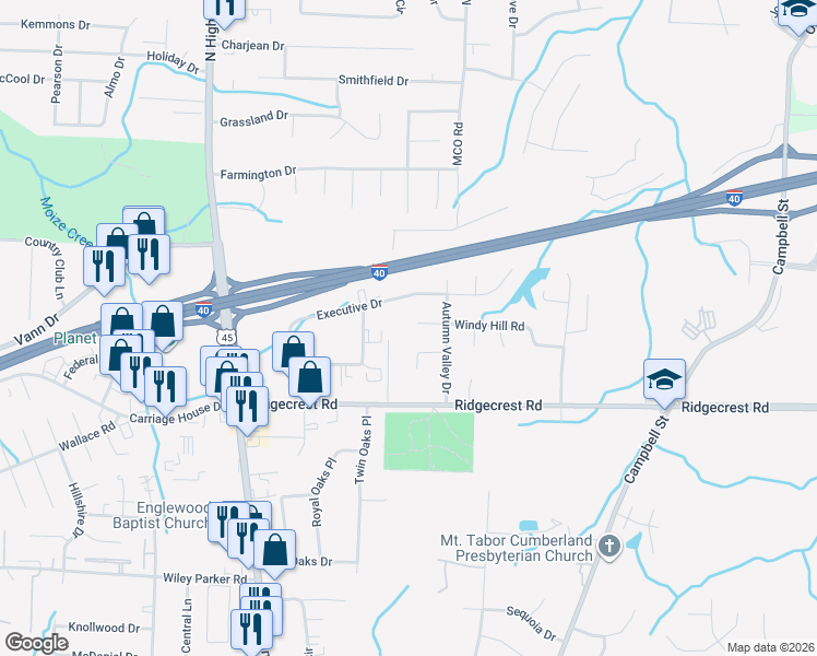 map of restaurants, bars, coffee shops, grocery stores, and more near 158 Windy Hill Road in Jackson
