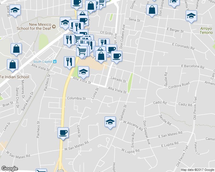 map of restaurants, bars, coffee shops, grocery stores, and more near 1319 Don Diego Avenue in Santa Fe