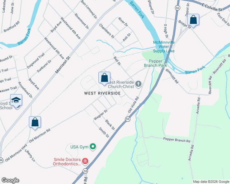 map of restaurants, bars, coffee shops, grocery stores, and more near 104 Stroud Street in McMinnville
