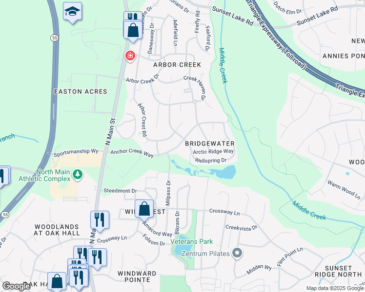 map of restaurants, bars, coffee shops, grocery stores, and more near 324 Anchor Creek Way in Holly Springs