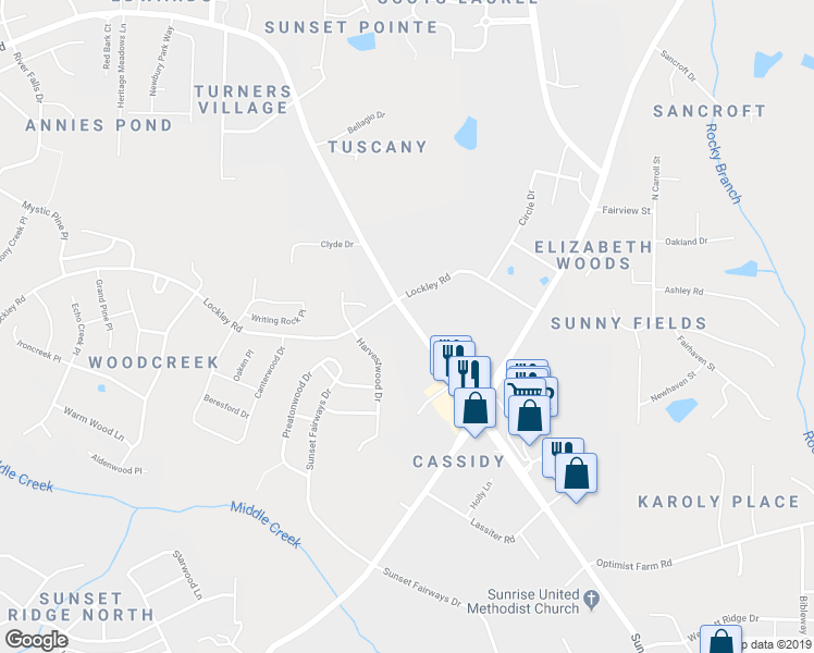 map of restaurants, bars, coffee shops, grocery stores, and more near 5112 Sunset Lake Road in Apex