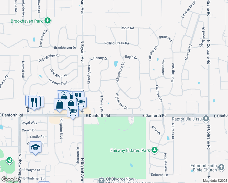 map of restaurants, bars, coffee shops, grocery stores, and more near 1708 Canary Court in Edmond