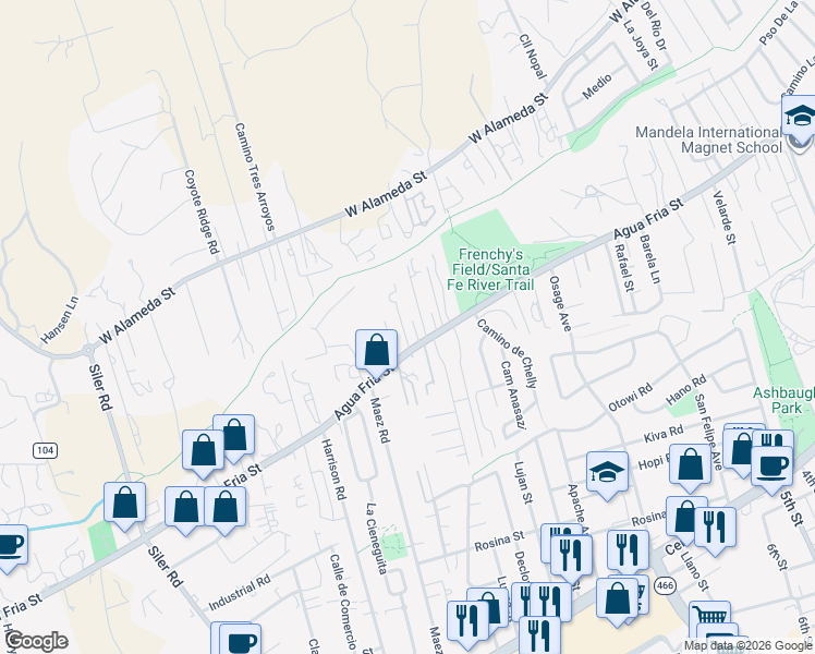 map of restaurants, bars, coffee shops, grocery stores, and more near 1335 Alamo Road in Santa Fe