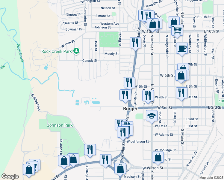 map of restaurants, bars, coffee shops, grocery stores, and more near in Borger
