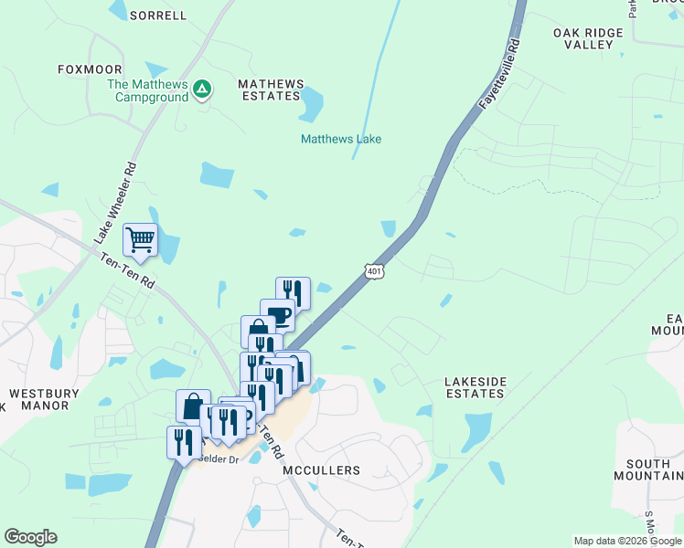 map of restaurants, bars, coffee shops, grocery stores, and more near 7612 Fayetteville Road in Raleigh