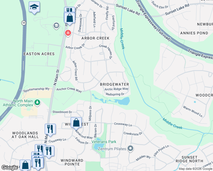 map of restaurants, bars, coffee shops, grocery stores, and more near 108 Saltybrook Lane in Holly Springs