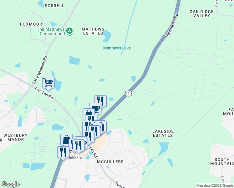 map of restaurants, bars, coffee shops, grocery stores, and more near 7612 Fayetteville Road in Raleigh