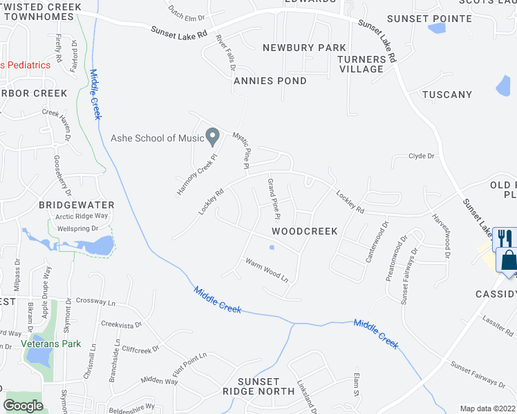 map of restaurants, bars, coffee shops, grocery stores, and more near Echo Creek Place in Apex