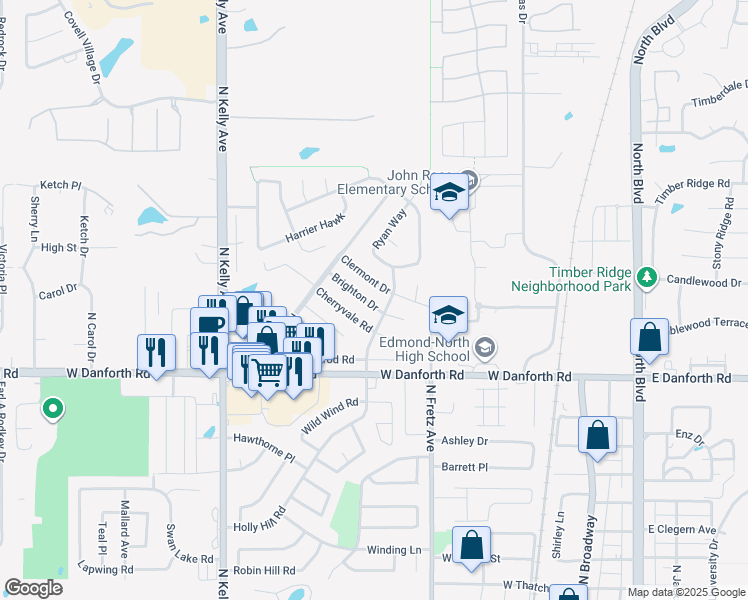 map of restaurants, bars, coffee shops, grocery stores, and more near 409 Brighton Drive in Edmond