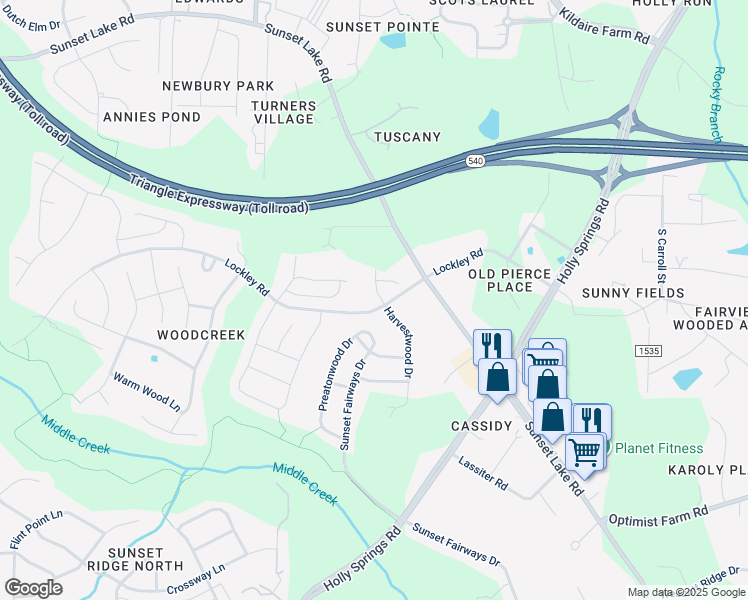 map of restaurants, bars, coffee shops, grocery stores, and more near 104 Pleasant Glen Lane in Apex