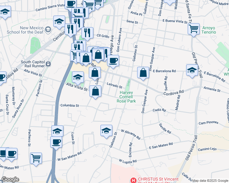 map of restaurants, bars, coffee shops, grocery stores, and more near 1310 Escalante Street in Santa Fe