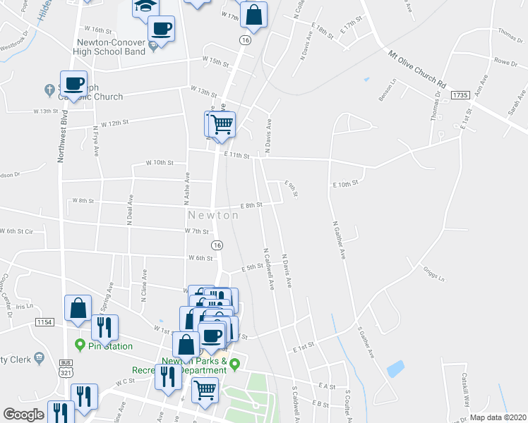 map of restaurants, bars, coffee shops, grocery stores, and more near 727 North Caldwell Avenue in Newton