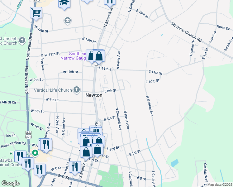 map of restaurants, bars, coffee shops, grocery stores, and more near 727 North Caldwell Avenue in Newton