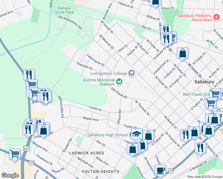 map of restaurants, bars, coffee shops, grocery stores, and more near 1029 Old Plank Road in Salisbury