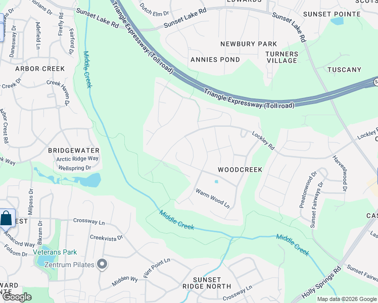map of restaurants, bars, coffee shops, grocery stores, and more near 116 Dawning Creek Drive in Apex