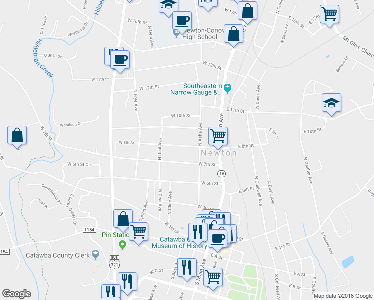 map of restaurants, bars, coffee shops, grocery stores, and more near 123 W 8th St in Newton