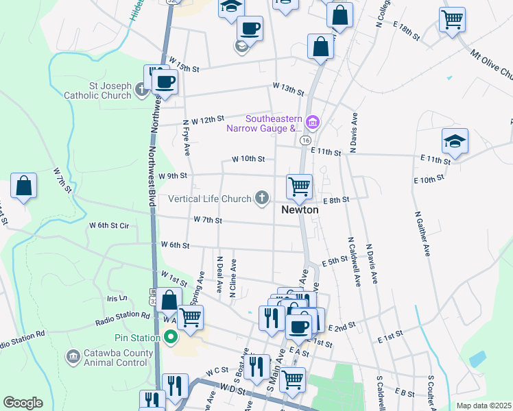 map of restaurants, bars, coffee shops, grocery stores, and more near 123 West 8th Street in Newton